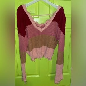 Distressed Striped V Neck Sweater